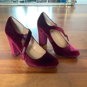 burgundy velvet block heel mary jane pumps